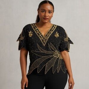 ✨ Vintage SND 100% Silk Hand Beaded‎ Sequin Top | Made in India | Women’s L